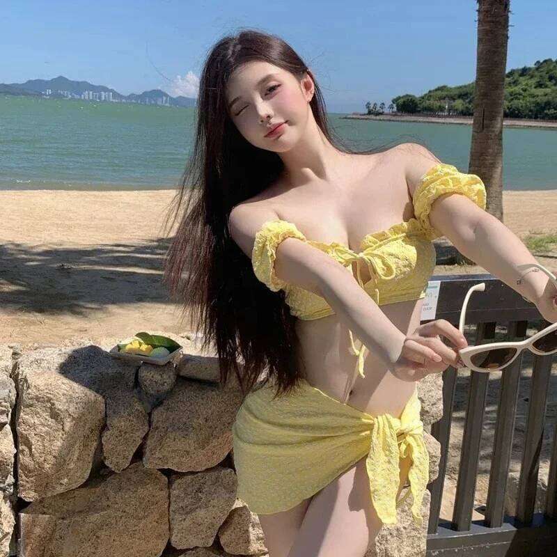 New Sexy Bikini Set Women's Off Shoulder Floral Print Bandeau Triangle Swimsuit 3-Piece for Beach Pool Party Sweet & Cute Z260301