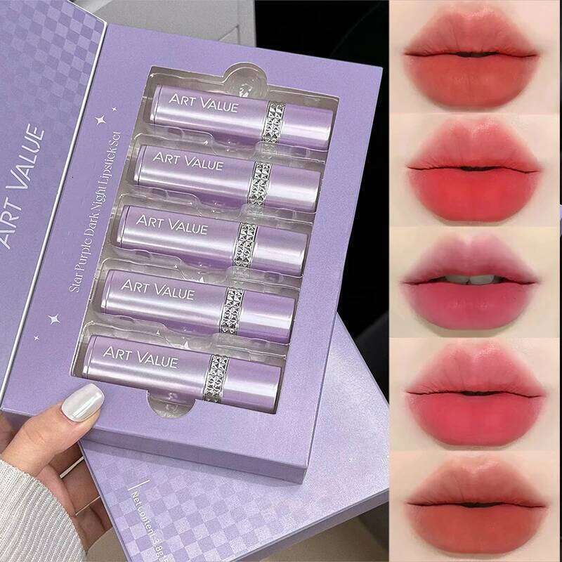 5 Colors Purple Bar Tube Black Easy Coloring Matte Velvet Long-lasting Red Lipstick Christmas Gift 5PCS H260302