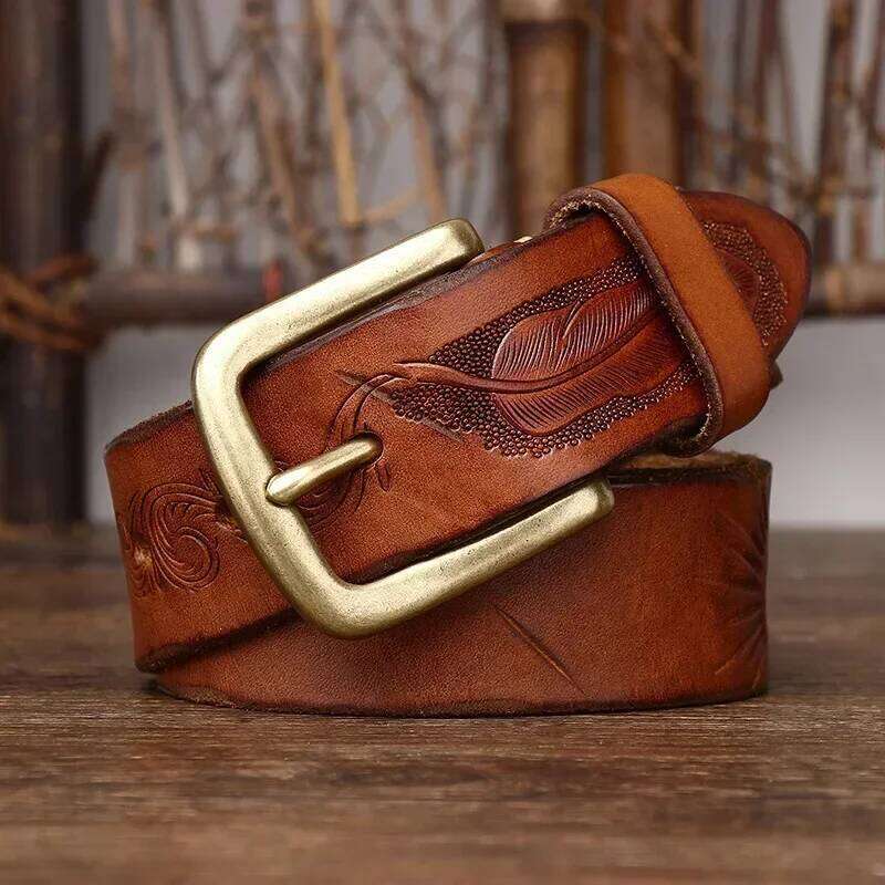 3.8 Cm Pure Cowhide Genuine Leather for Men High Quality Brass Buckle Belts Cowboy Waistband Male Carved Western Jeans Strap S260228