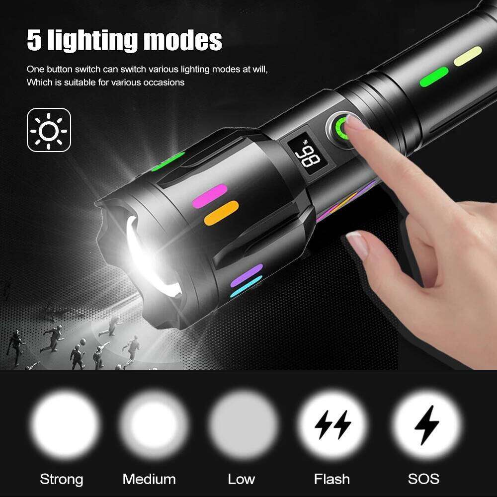 5000LM Long-Range White Laser Flashlight TYPE-C Rechargeable Camping Torch Zoomable Search Spotlight with Luminous Strips Z260301