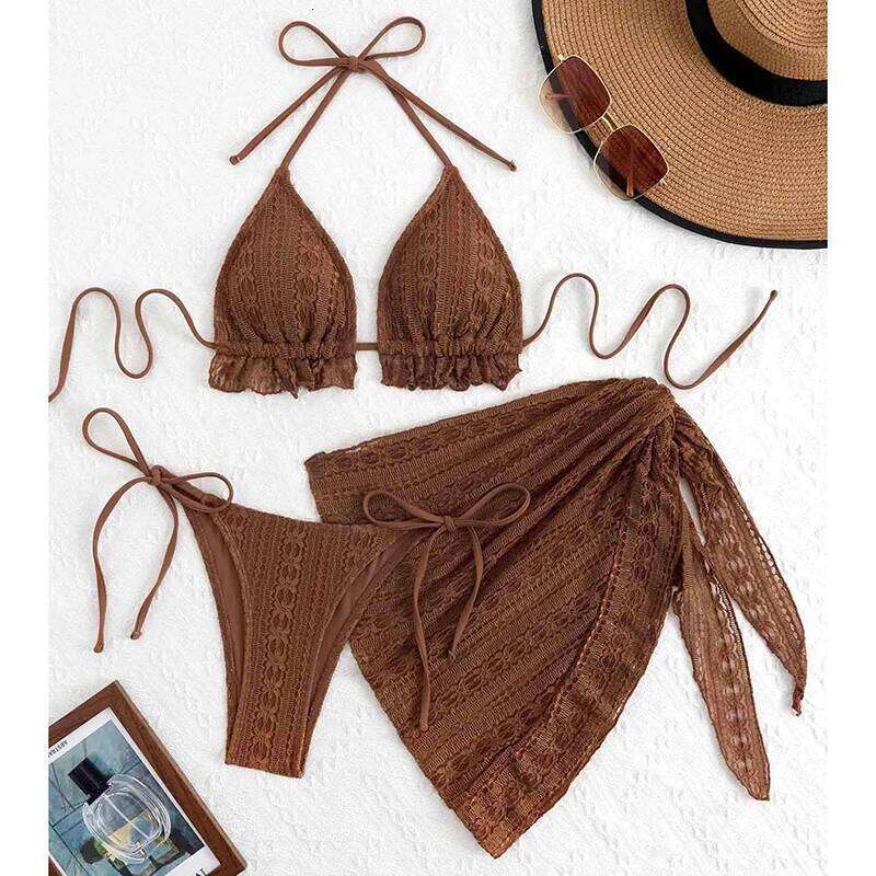 Sexy Set Bathing Suit Women Triangle Spliced Ruffles Halter Bikini Push Bandage Cover Up Beachwear 3 Piece Swimsuit Z260301
