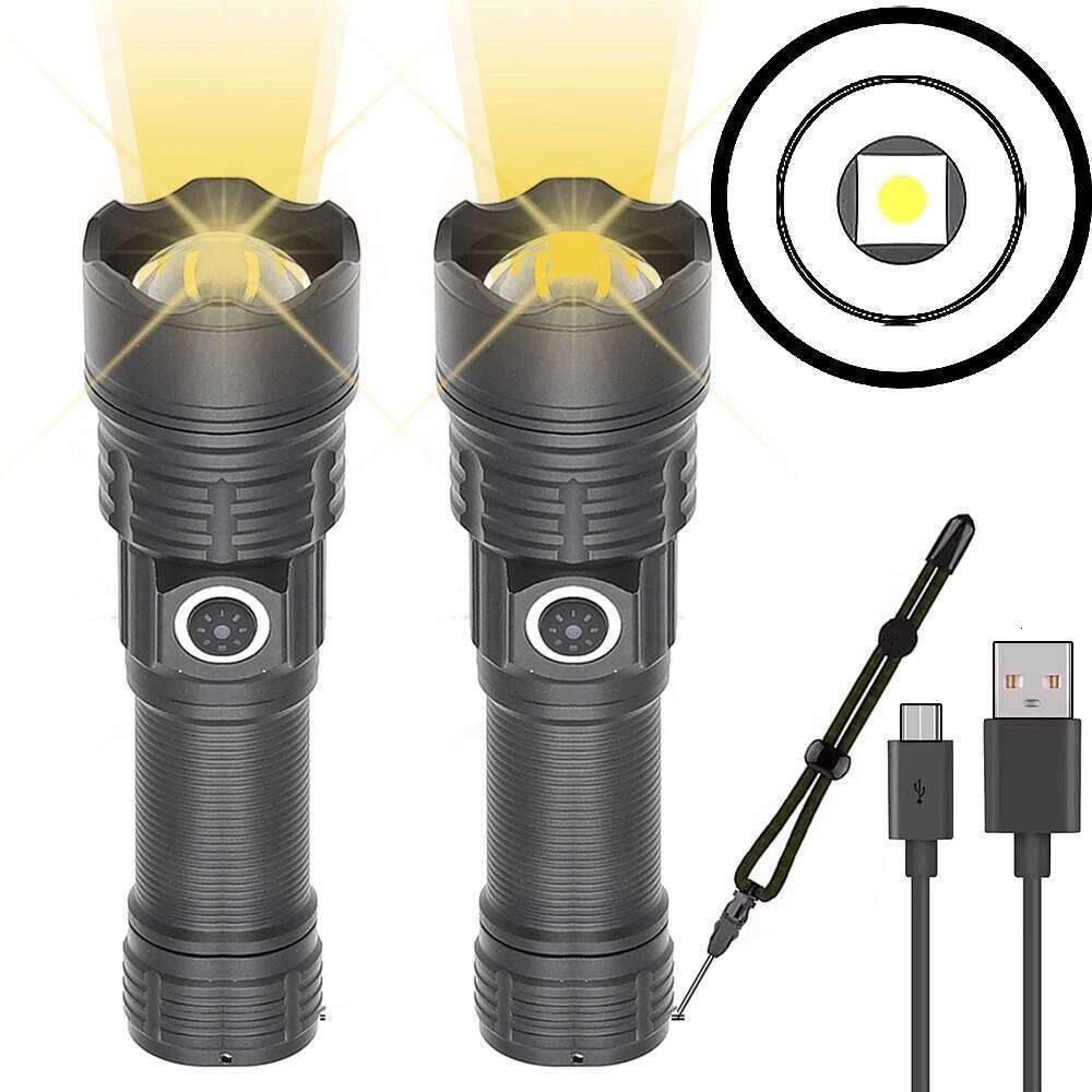 Tactical Flashlight High Brightness USB Rechargeable Search Light with Focusing Bracket Yellow Beam for Outdoor Emergency Z260301