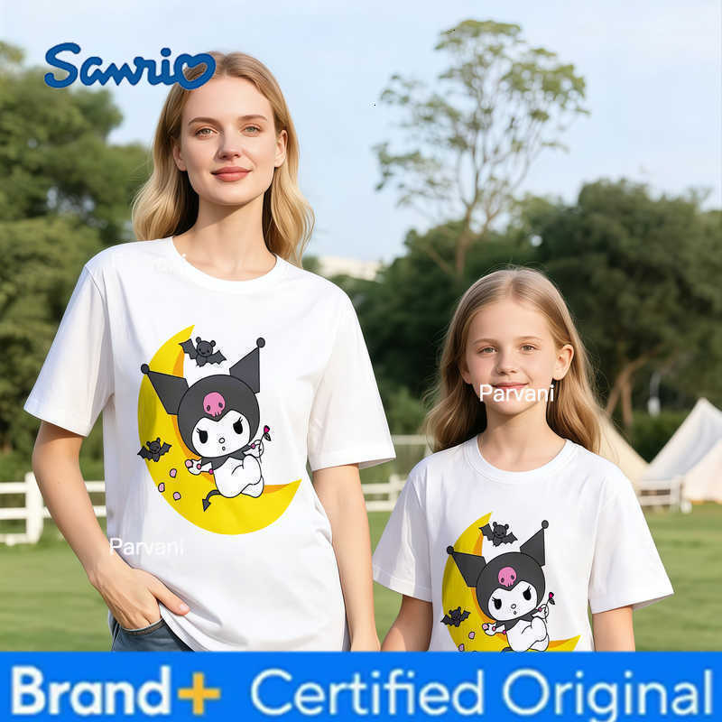 Sanrio 2026 Summer Kuromi Retro High-Quality 100 Cotton Mens T-shirt Oversized Cute Moon Bat Print Top Unisex Family Matching H260302