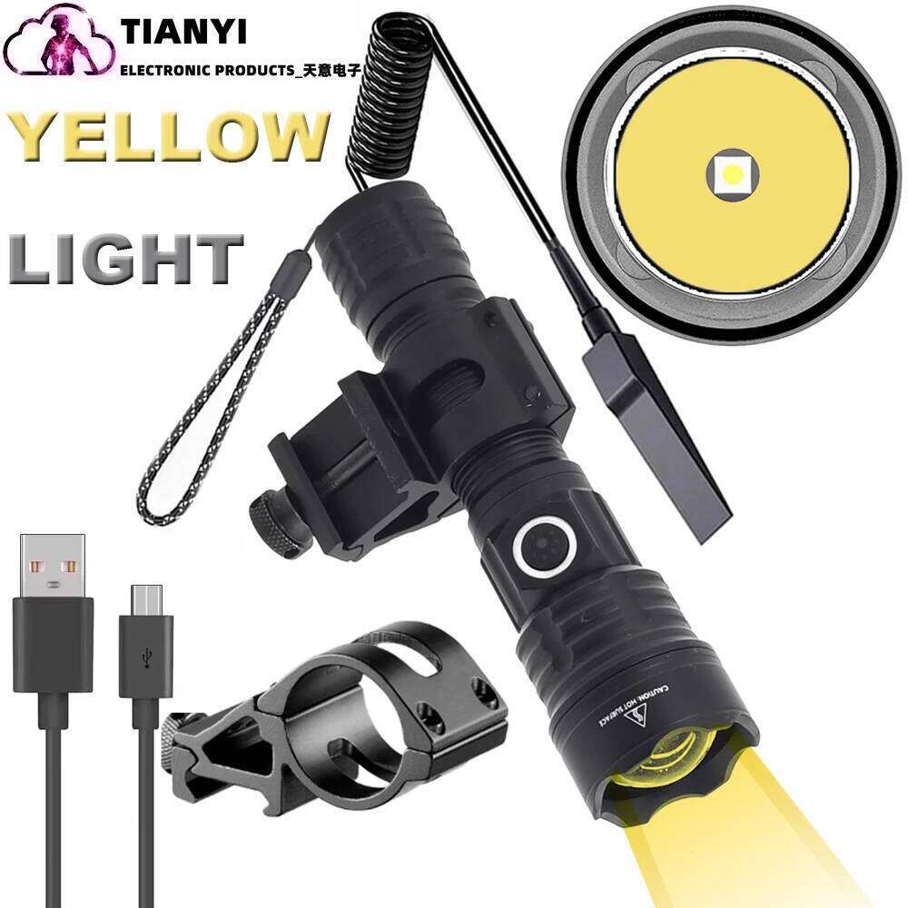 Tactical Flashlight High Brightness USB Rechargeable Search Light with Focusing Bracket Yellow Beam for Outdoor Emergency Z260301