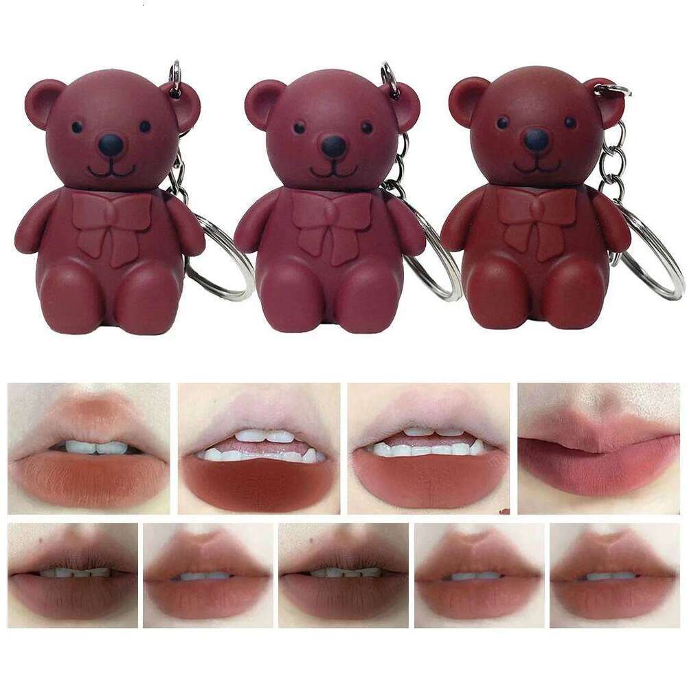 Keychain Design Cute Bear Matte Lipstick Velvet Glaze Sexy Red Lip Gloss Women Long Lasting Lip-Tint Mud Cosmetics H260302