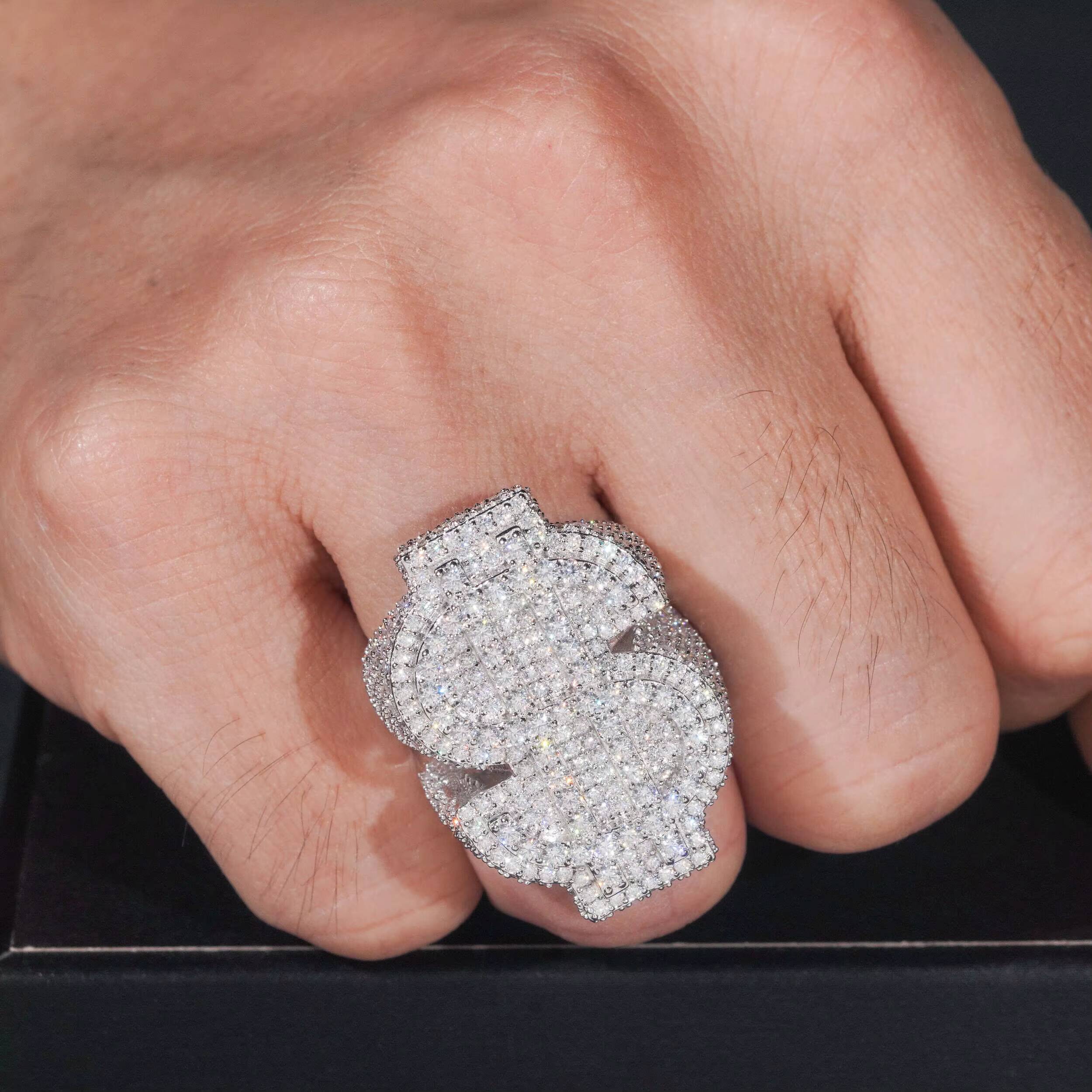 Hot Selling GRA Certificate High Quality 925 Silver Gold Plated Fine Jewelry Iced Out Hip Hop Ring Moissanite Dollar Ring