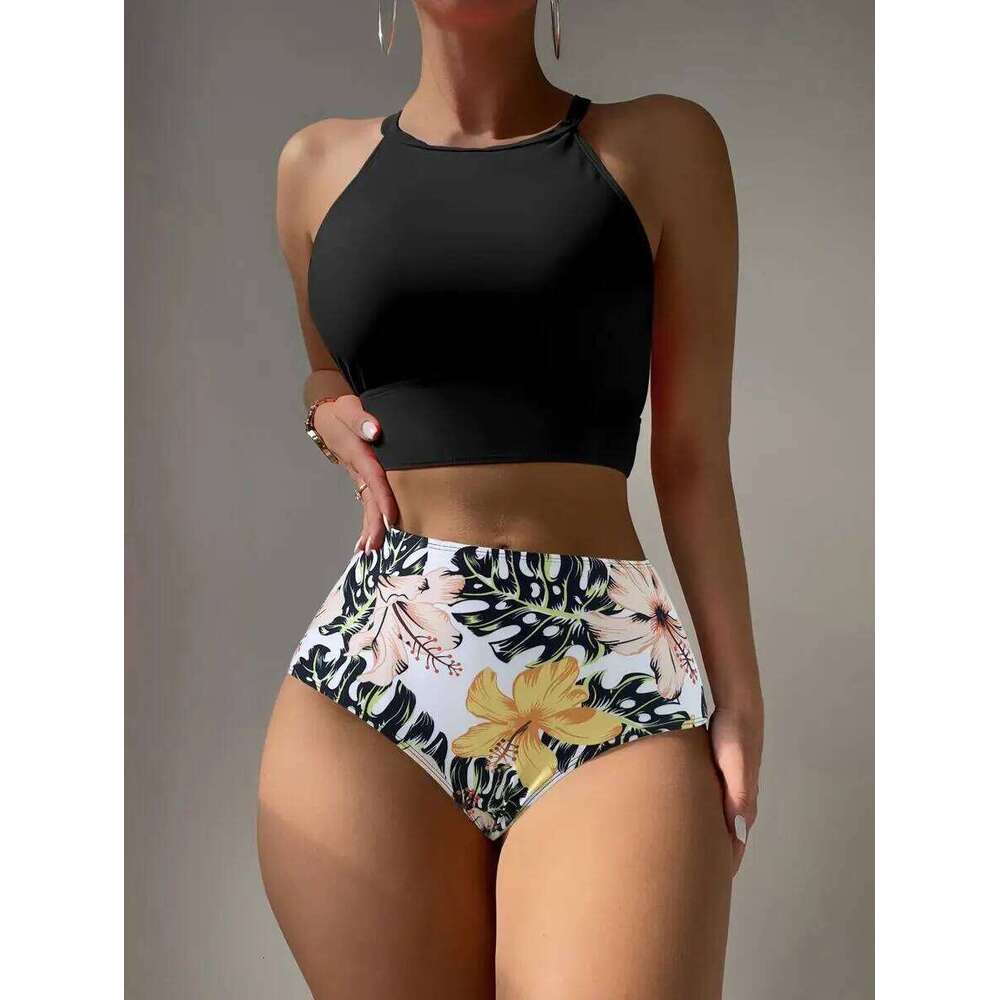 2025 Waist Bikinis Women High Neck Swimsuit Floral Swimwear Female Bathers Bathing Swimming Suit Summer Beachwear Z260301