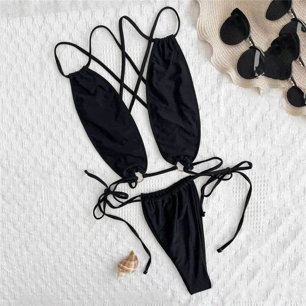 Sexy Black Backless String Lace-up Swimwear Woman 2026 One Piece Swimsuit Hollow Out Monokini Micro Thong Bathing Suit Bather Z260301