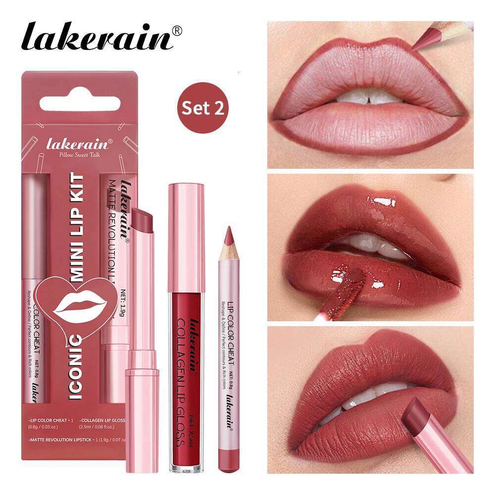 lakerain 3pcs mini matte lipstick+lip gloss+lip liner precise outline three-dimensional lip plumping lipstick set H260302