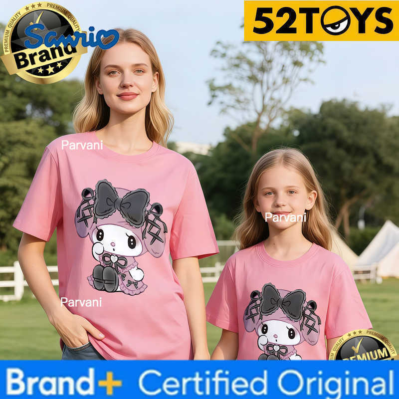Sanrio 2026 Summer Family Must-Have 52TOYS Kuromi Print T-Shirts Casual Loose 100 Cotton High Quality Parent-Child Tees Single Piece H260302