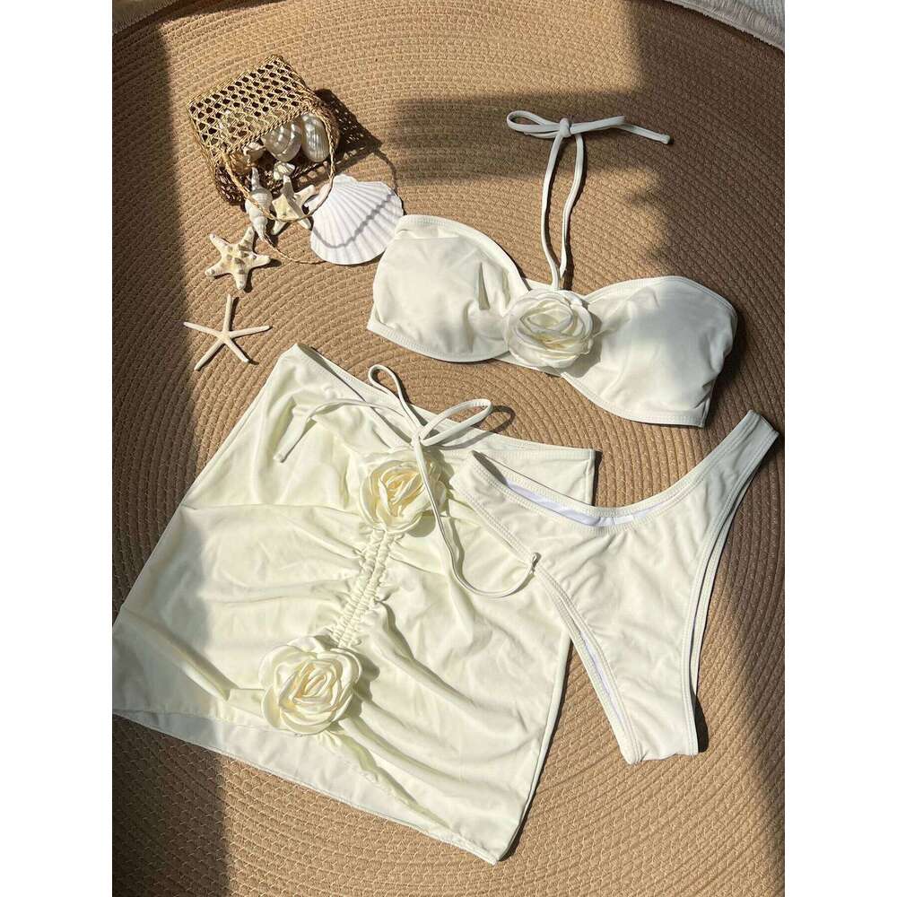 2025 New Sexy Three Pieces Bikini Set Swimsuit For Women Halter Bandeau Push Up Swimwear Female Solid Flowers Bathing Suit Beach Z260301