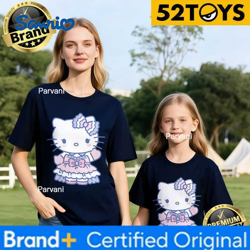 Sanrio 2026 Autumn-Winter Trending Hello Kitty Frilly Dress Print 100 Cotton Parent-Child T-Shirts High Quality Loose Casual Y2k H260302