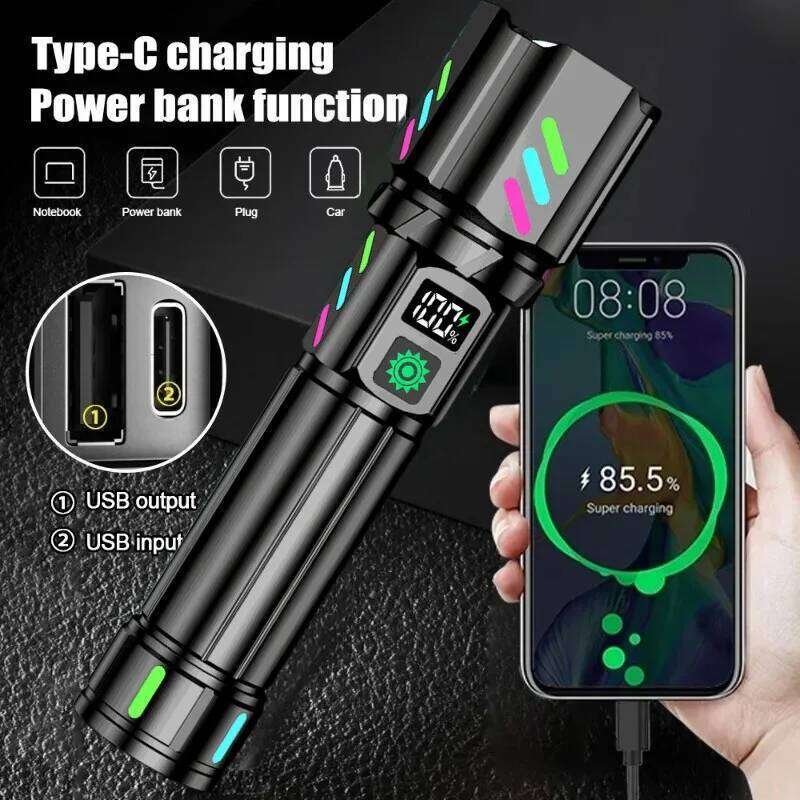 High Power LED Long Range Flashlight USB Rechargeable White Laser Zoomable Torch Light with Luminous Strips for Outdoor Camping Z260301