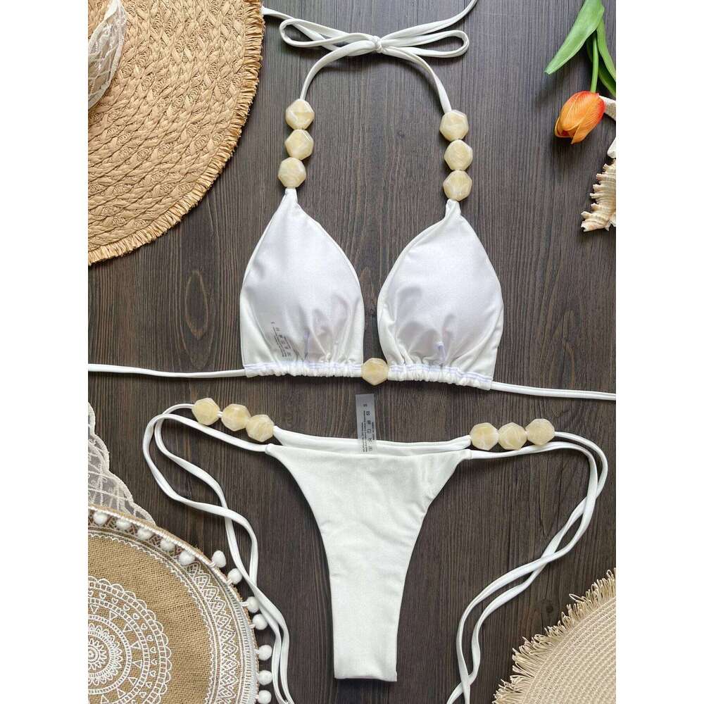 2025 Sexy Bead Swimwear Women Swimsuit Beach Halter V Neck Bikini Set Beachwear Summer Bathing Suit Z260301