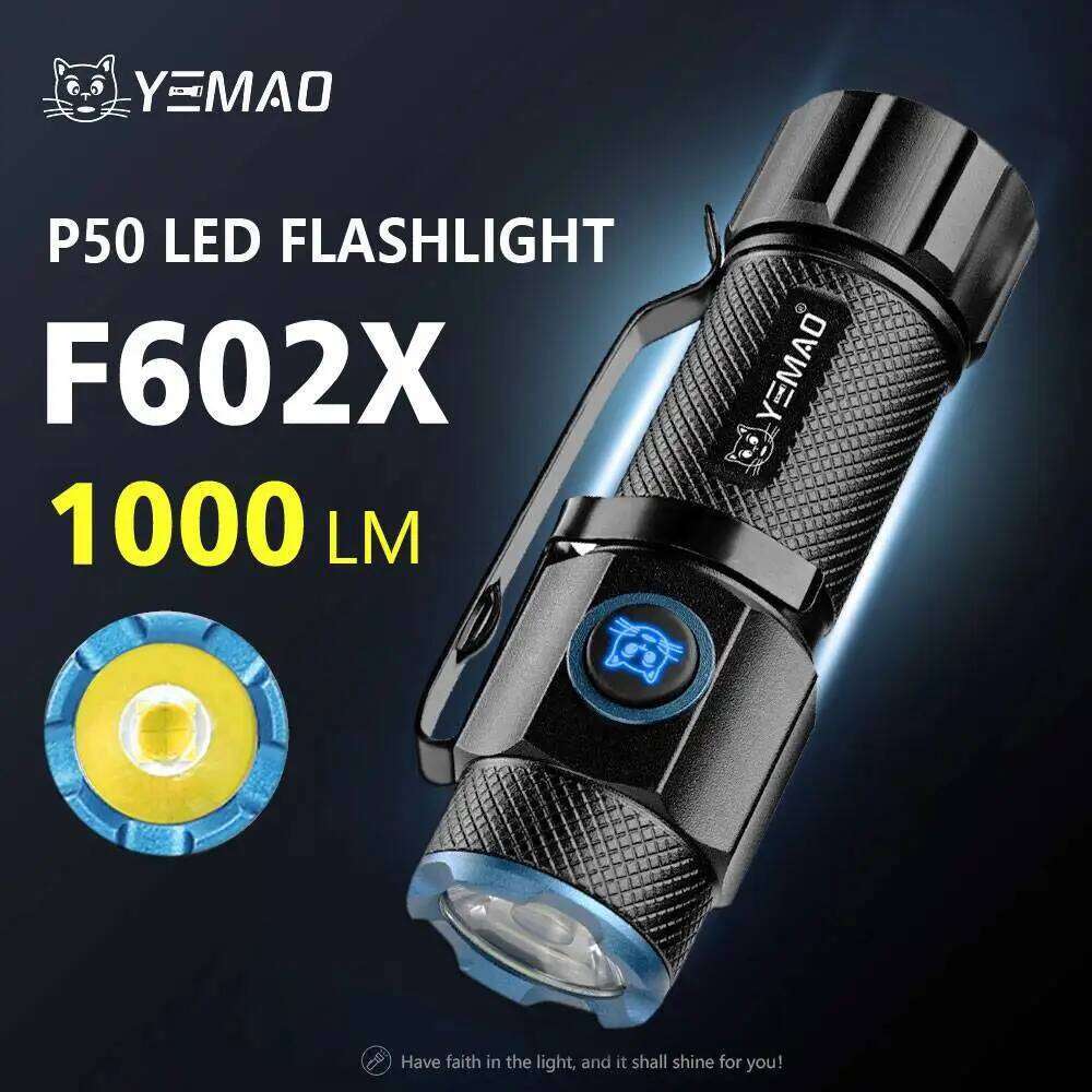 YEMAO F602X Portable P50 LED Flashlights With Pocket Clip Magnetic 5 Lighting Modes 1000LM Rechargeable IP65 Torch 16340 Battery Z260301