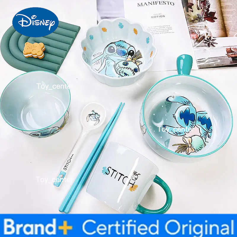 Disney Stitch Tableware Sets High Value Household Cartoon Ceramic Rice Bowl Spoon Chopsticks Meal Bowl Cute Gift for Children H260302