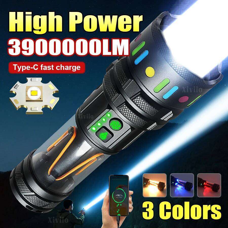 39000000LM Powerful Flashlight High Power Rechargeable Camping Lamp Long range 4000M Colorful Flash Lights Outdoor Hand Lantern Z260301