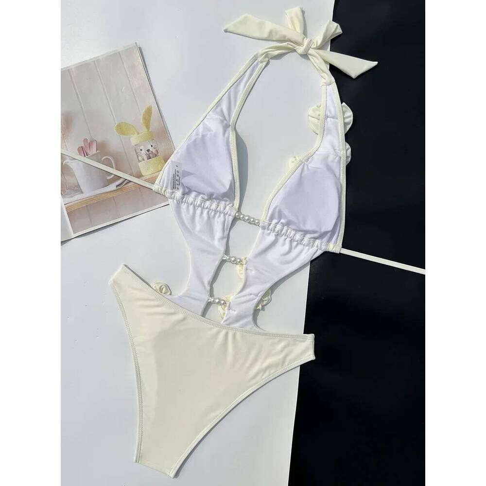 3D Flowers Deep V Neck Halter Women Backless Swimwear One Piece Swimsuit Female High Cut Monokini Bather Bathing Suit Swim Lady Z260301