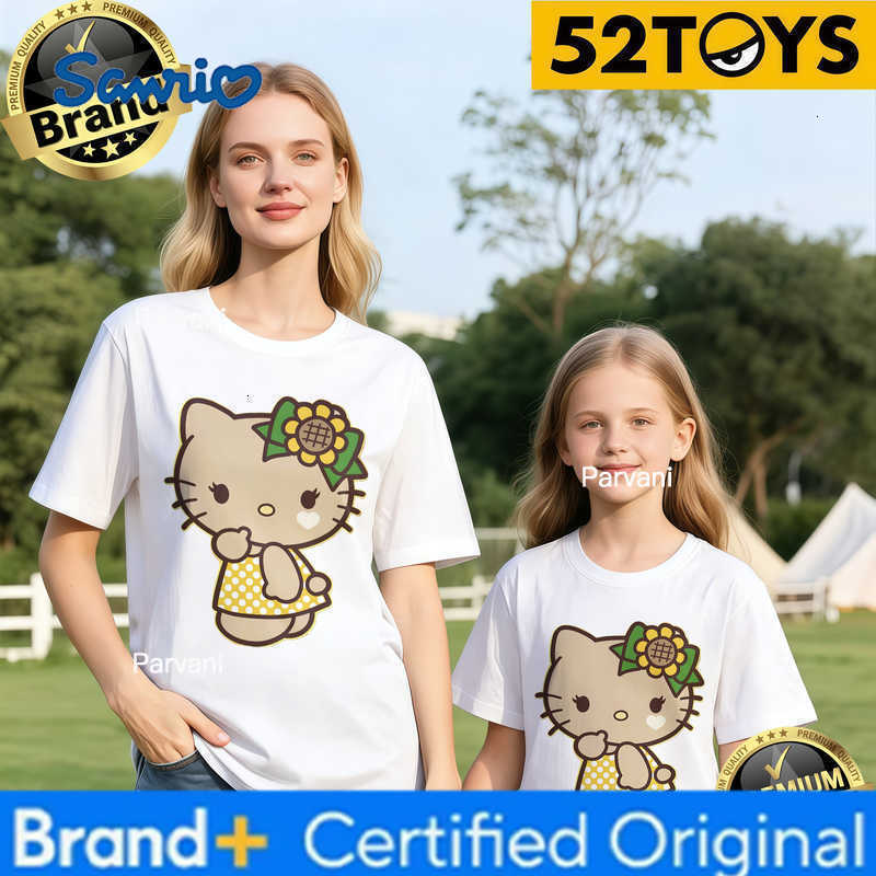 Sanrio 2026 Autumn-Winter Trending Hello Kitty Sunflower Print 100 Cotton Parent-Child T-Shirts High Quality Loose Casual Fashion H260302