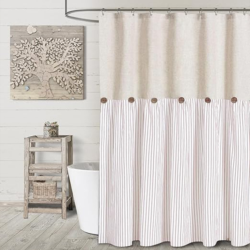 YL-38285 Button-Patchwork Skirted Bathroom Shower Curtain, Waterproof Cotton Linen, Supply of Button Linen Bathroom Curtain