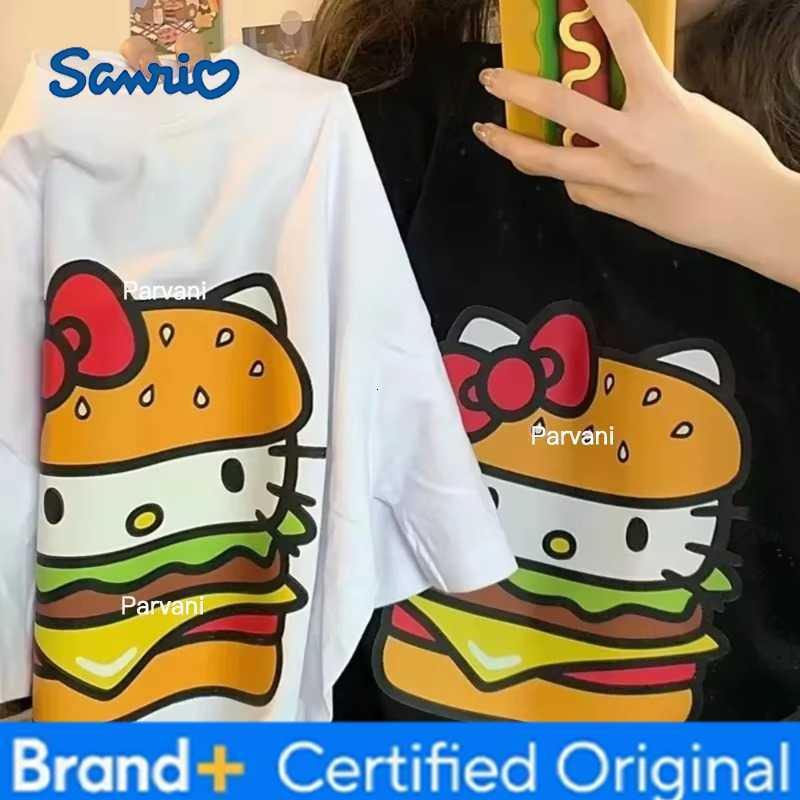 Sanrio 2026 Summer Hello Kitty Burger Couple 100 Cotton Printed Short-sleeve T-shirt Boys and Girls Parent-child Jacket Y2k H260302