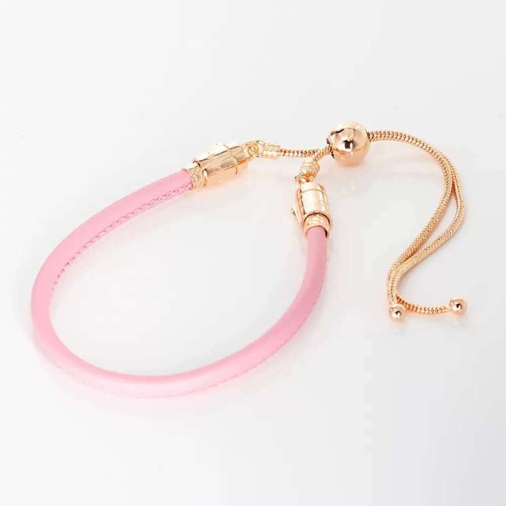 925 silver pink leather bracelet rose gold color fit silver charms beads DIY bracelet for women jewelry accessories Wholesale