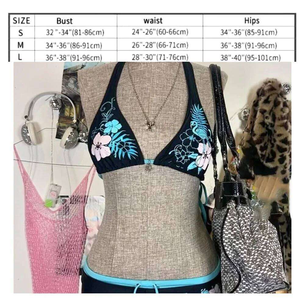 Fashion Vintage Bikini Set Adjustable Sexy Swimsuit Low Waist Flower Print Halter Strap Swimwear Beach Wear Z260301