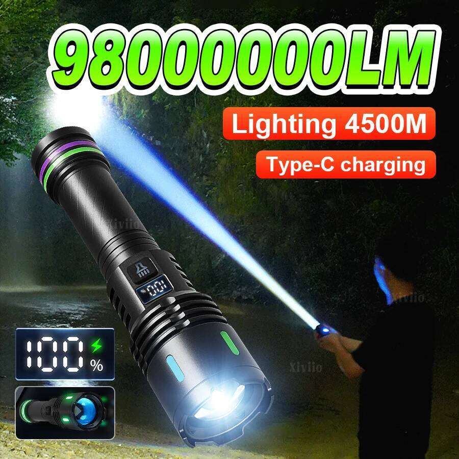 98000000LM 1200W LED Strong Light Flashlight Type-c Rechargeable Lamp Long Range 4500m Tactical Torch Super Powerful Flashlights Z260301