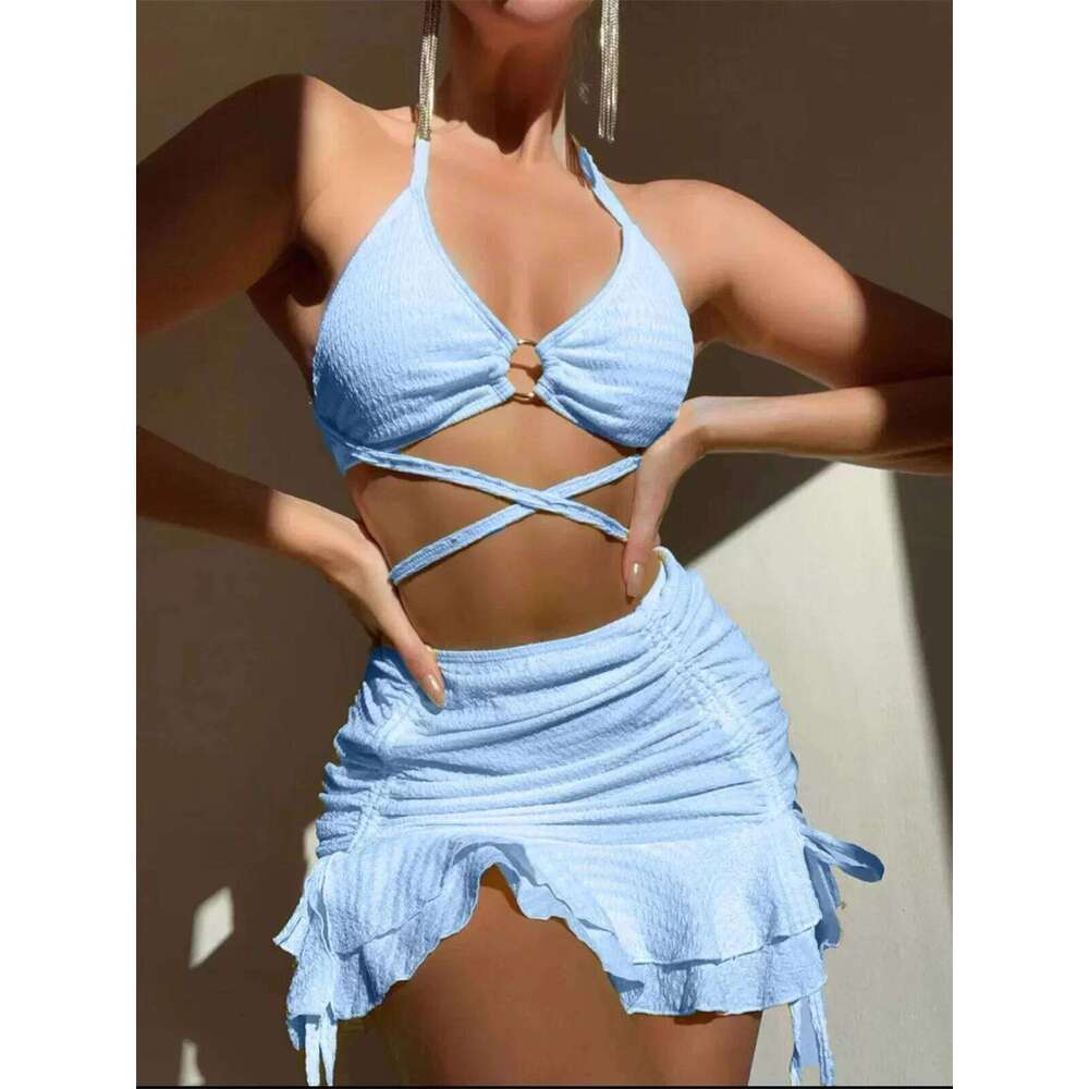 Sexy Yellow Bikini Women Solid Halter Ring Linked Criss Cross Cover Up 3 Piece Swimsuit 2025 Bathing Suit Ruffles Skirt Swimwear Z260301