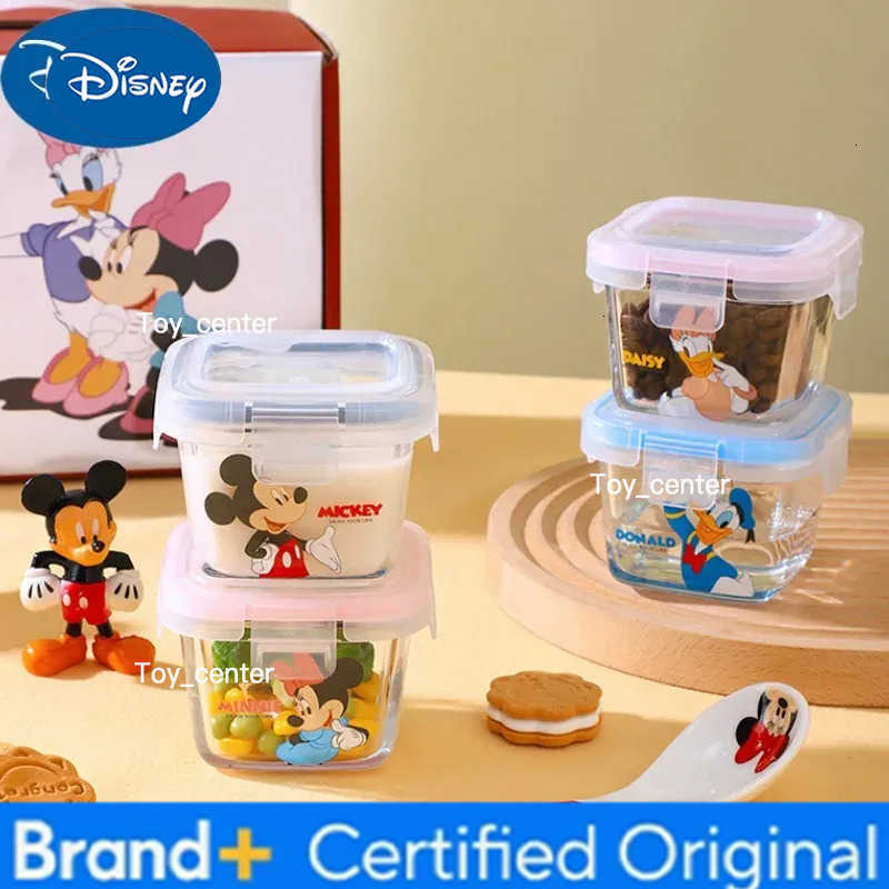 Disney New Mickey Mouse Minnie Borosilicate Glass Lunch Box With Lid Square Microwave Oven Soup Box Cartoon Lunch Box 4pcs Gift H260302