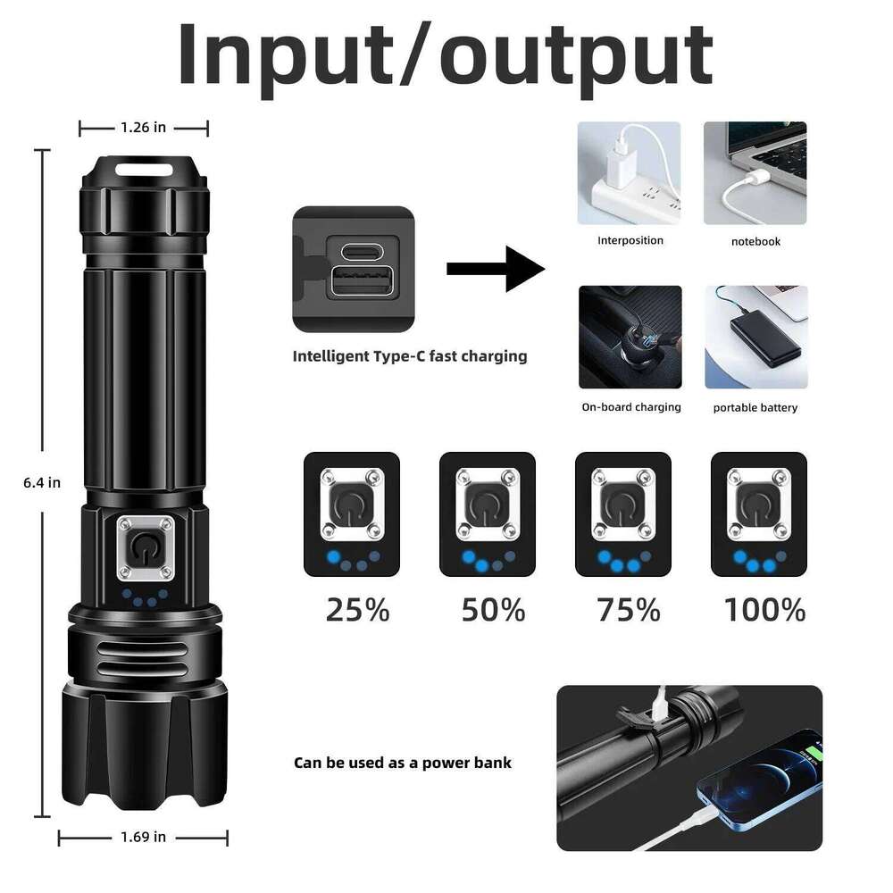 Super Bright Zoomable XHP70 LED 2000LM Rechargeable Flashlight Torch Tactical Light 18650 / 26650 Battery Z260301