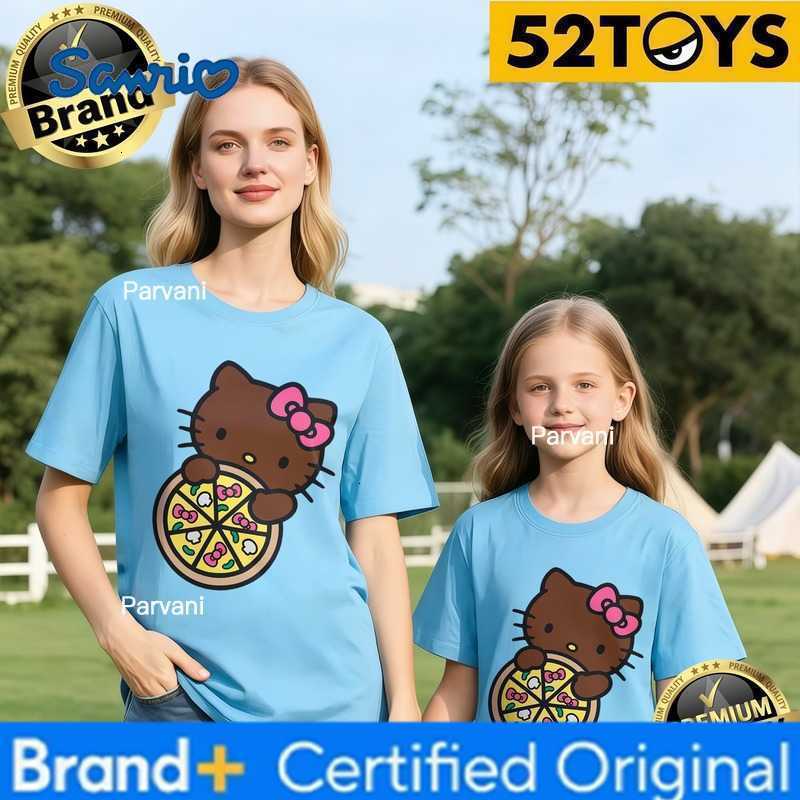 Sanrio 52TOYS Hello Kitty Pizza Print Family T-shirts 2026 Summer 100 Cotton Casual Loose Parent-Child Y2k Tees Single Piece3Pcs H260302