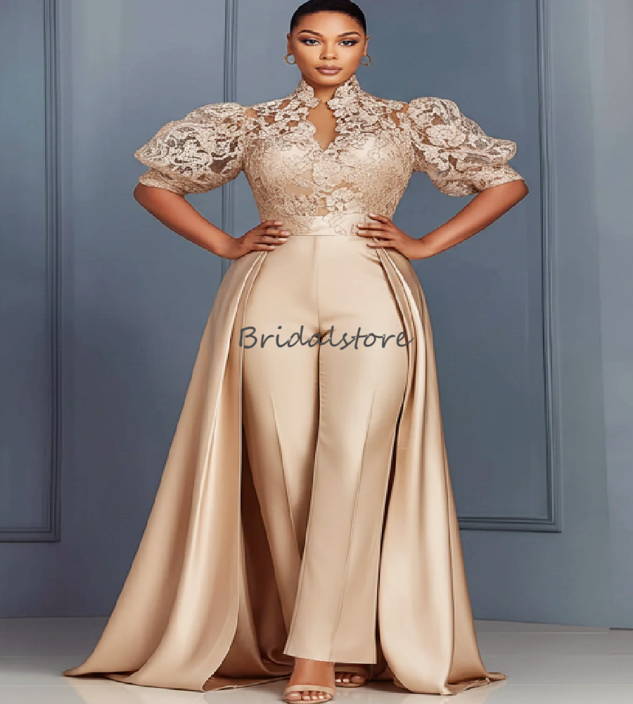 Fashion Gold Jumpsuit Evening Dress With Overskirt Train Elegant African Pantsuit Prom Dress For Black Girls Lace Birthday Party Vestios De Fiesta 202