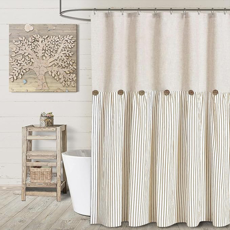YL-38283 Button-Patchwork Skirted Bathroom Shower Curtain, Waterproof Cotton Linen, Supply of Button Linen Bathroom Curtain