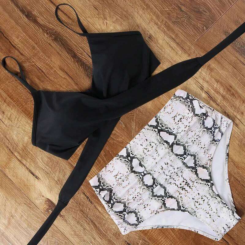 Printing Swimming Suit for Women Sexy Hollow Out Bandage High Waist Bikini Set Swimwear Summer 2025 New Beachwear Bathing Suits Z260301
