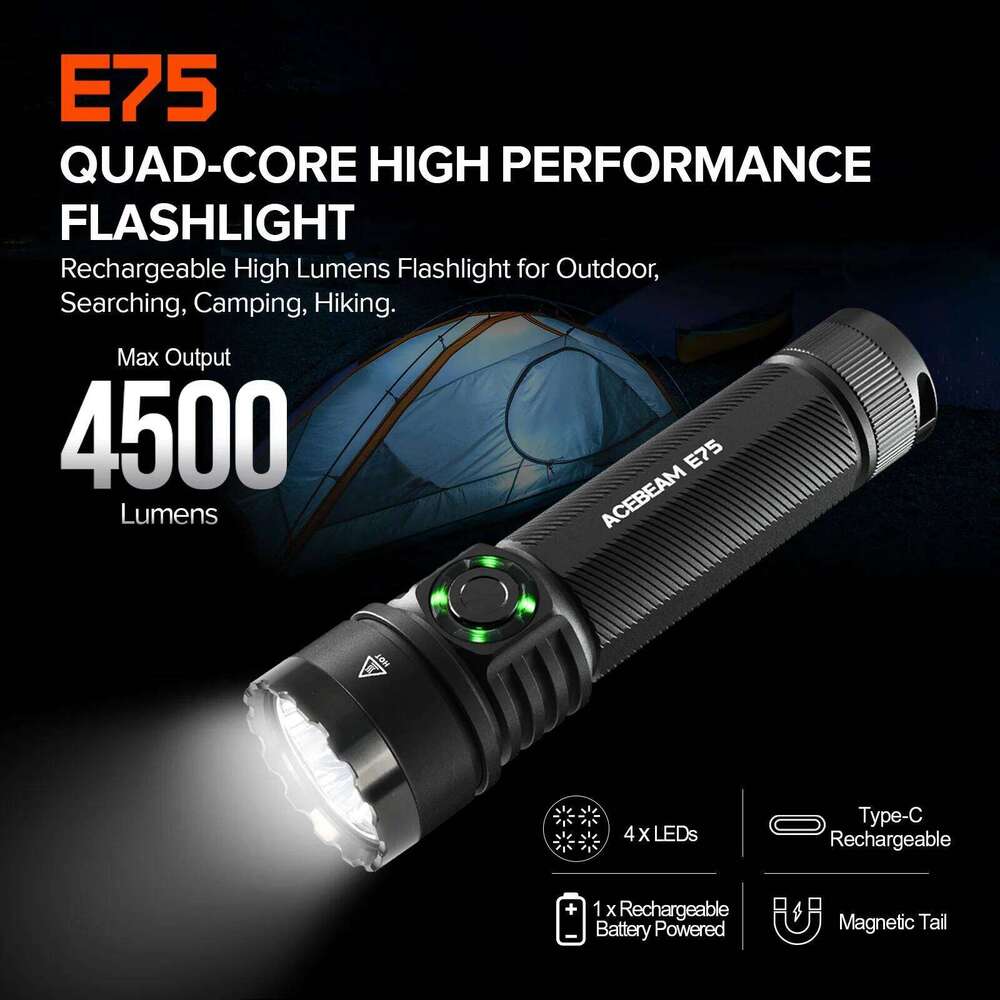 ACEBEAM E75 Quad-Core LED Flashlight USB C Rechargeable Torch With 21700 Battery 4500LM 260M Flashlights Powerful Defense Strobe Z260301