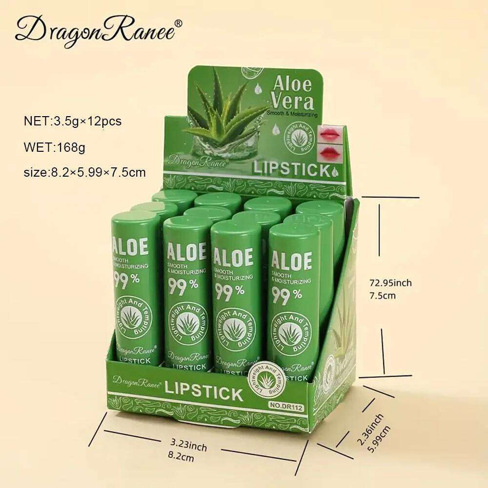 12-Piece Aloe Vera Lip Balm Set, Long-Lasting Moisturizing, Non-Stick, Waterproof, Color-Changing Jelly Lipstick Containing Plant Squalane, Suitable f