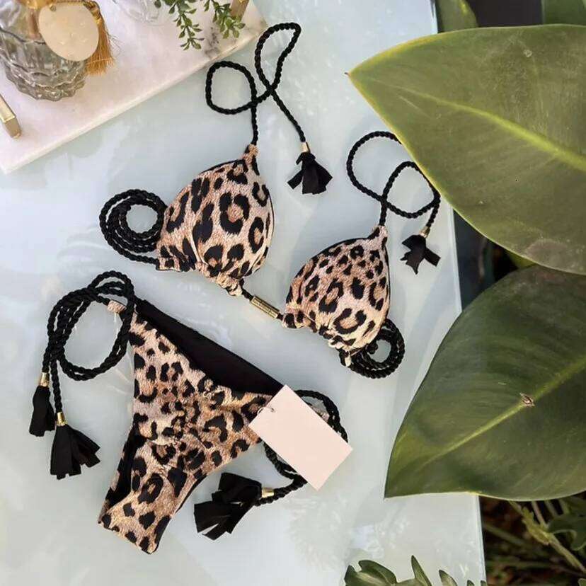 Sexy Leopard Print Bandage Triangle Push Up Tie Bikini Set Summer Beach Outfit Thong Swimsuit Z260301