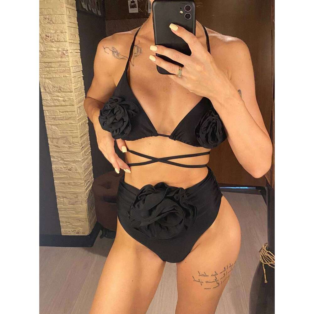S - XL 3D Flowers Halter Female Swimsuit High Waist Women Swimwear Two-pieces Bikini set Bather Bathing Suit Swim V5372 Z260301