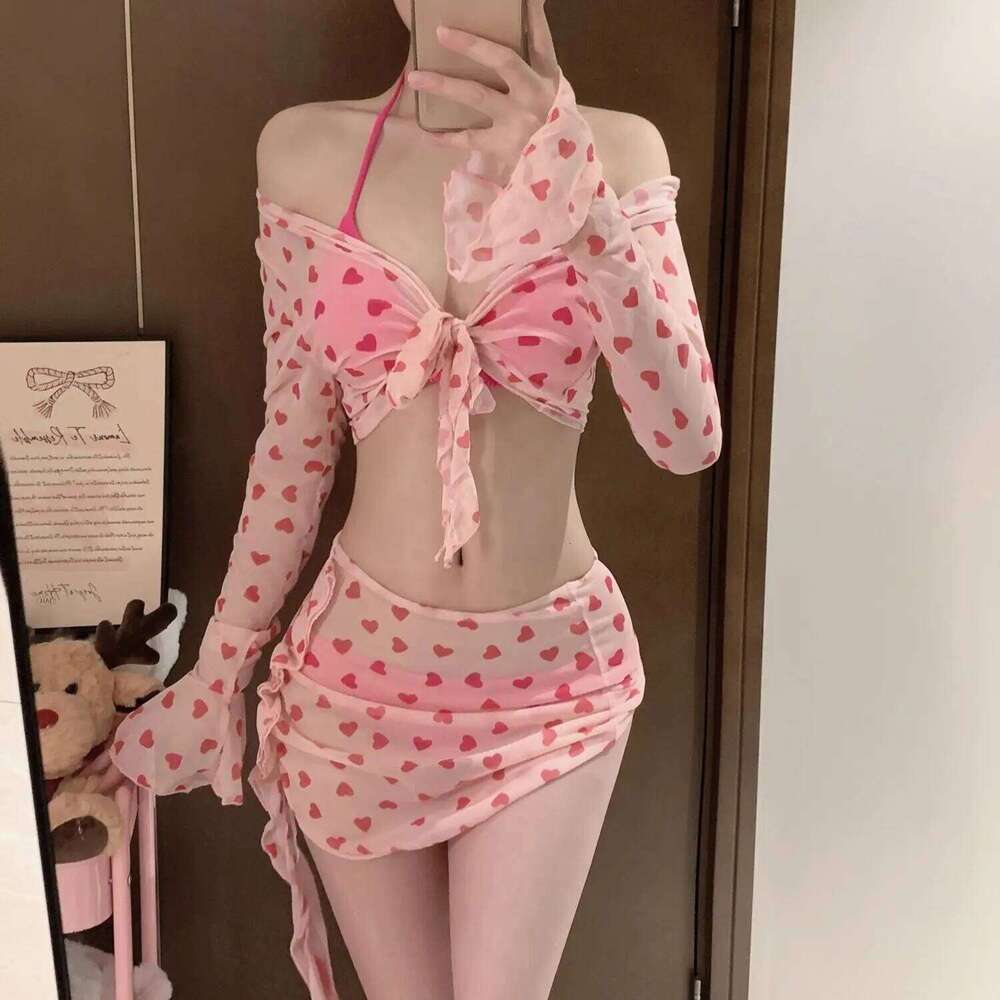 2025 Summer Pink Swimwear Women Sweet 4 Pcs Sets Bathing Suit Beach Holiday Spicy Girl Split Swimsuit Bikini Set Z260301