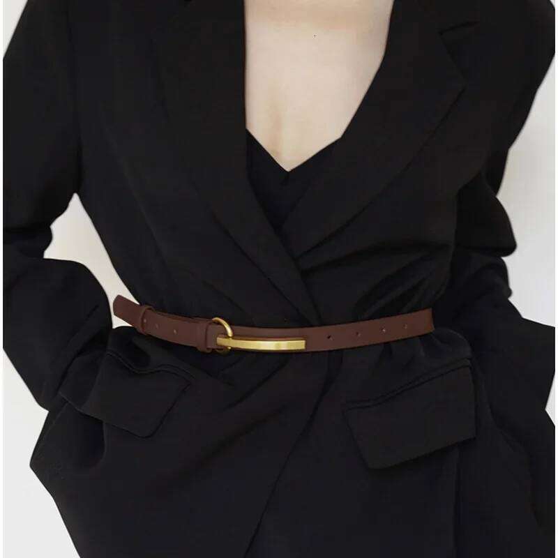 Women Fashion Genuine Leather Retro Long Plate Buckle Belt Designer Cowhide Waistband with High-grade Gold Color Button S260228