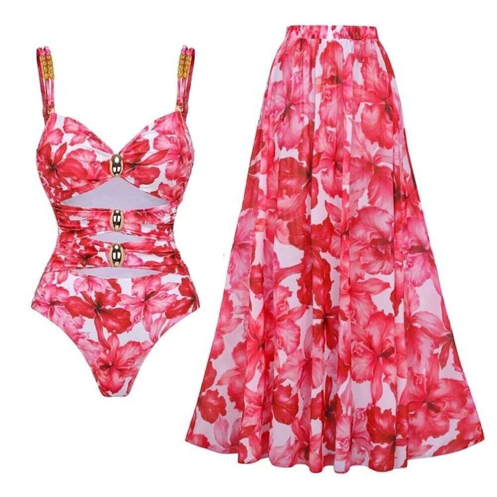 Retro Flower Bikini Printed Fashion One Piece Swimsuit And Cover Up With Skirt Tight Women's Bandage Summer Beach Luxury Elegant Z260301