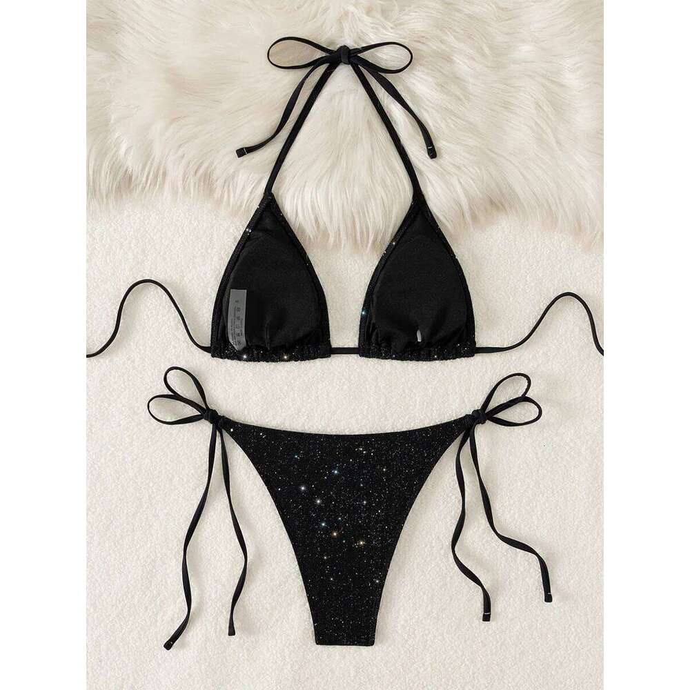 Shiny Sparkling Halter Strappy 2025 High Cut Bikinis Female Swimsuit Women Swimwear Two-pieces Bikini Set Bathing Suit Z260301