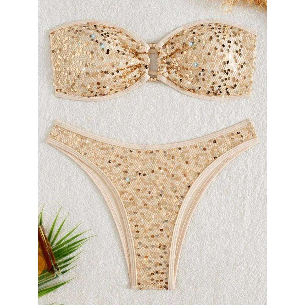 Shiny Sequins Mesh Bandeau Female Swimsuit Women Swimwear Two-pieces Bikini Set Brazilian Bathing Suit Swim Beach Wear Z260301