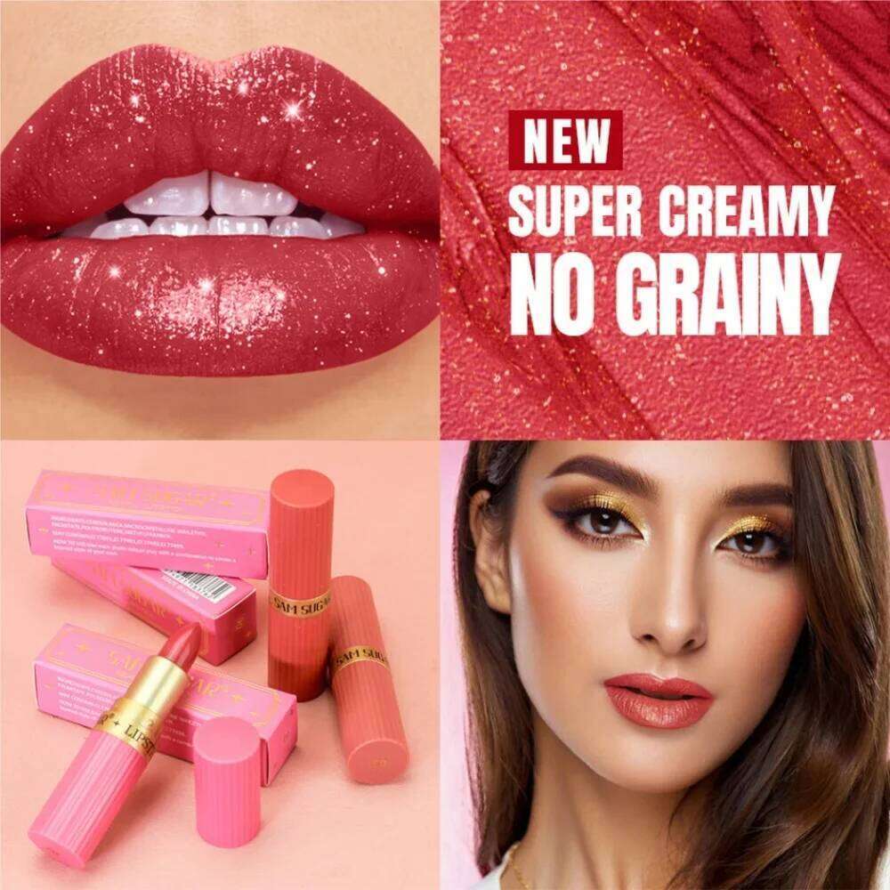 Pink Brown Metallic Glitter Lipstick - Long-Lasting Waterproof Shimmery Pearl Sparkling Lip Gloss Luxurious Makeup H260302