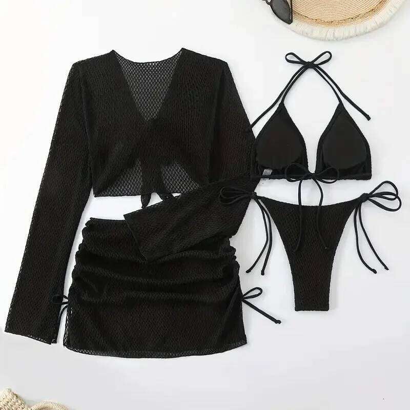 Solid Sexy Bikinis Female Swimsuits Women's Four-Piece Swimwear Beach Swim Wear Bathing Suits Brazilian Bikini Set Pool Bather Z260301