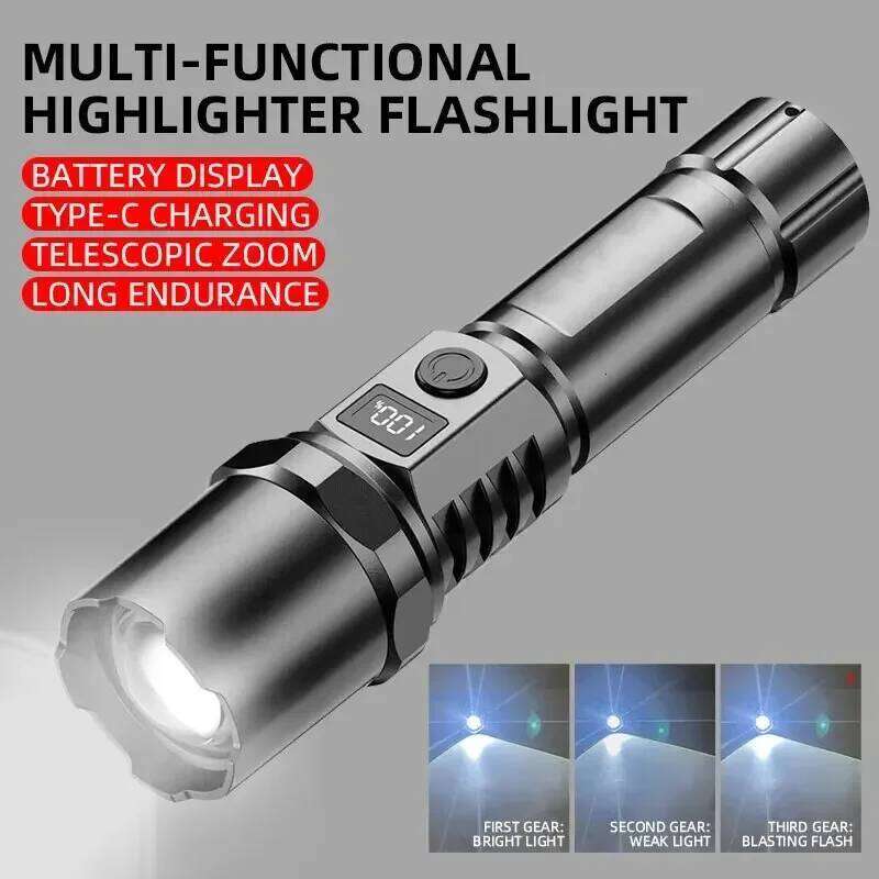 Portable LED Handheld Flashlight USB C Rechargeable 3 Lighting Modes Zoom Self Defensa Tactical Torch for Outdoor Camping Z260301