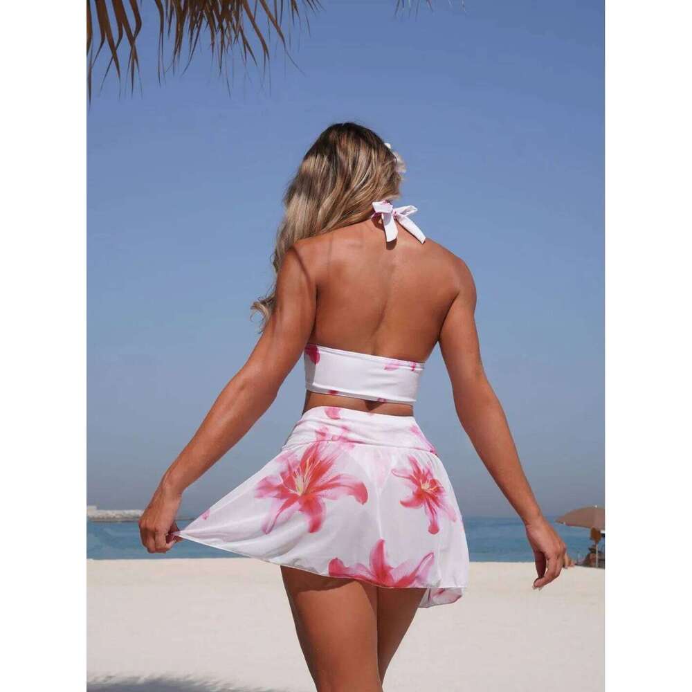 Women's 2026 Sexy 3 Piece Swimsuit Set Bikini Top Knit Beach Skirt & High Waisted Bottoms Summer Halter Floral Sundress Z260301