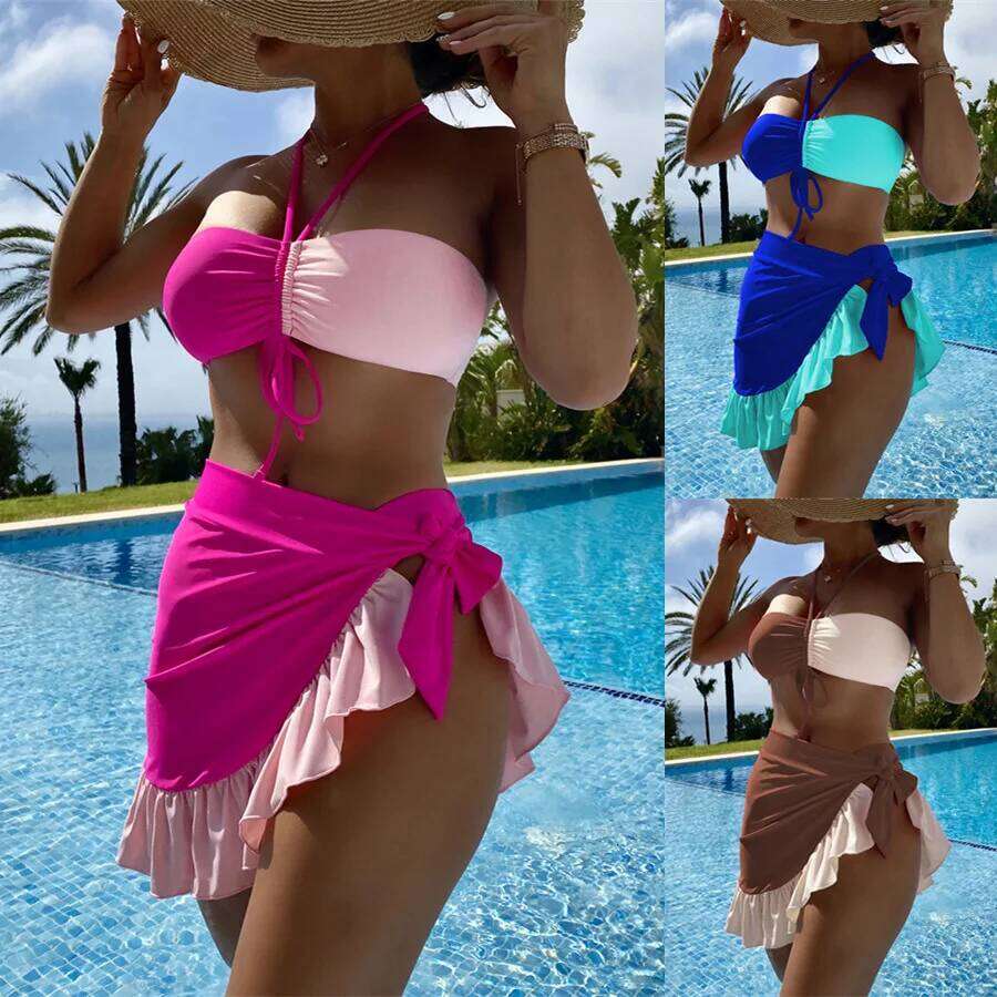 Women's 2024 Women Bikini Block Color Patchwork Falbala Swimsuit Backless Sexy Three-Piece Hot Spring Swimwear S-L Z260301