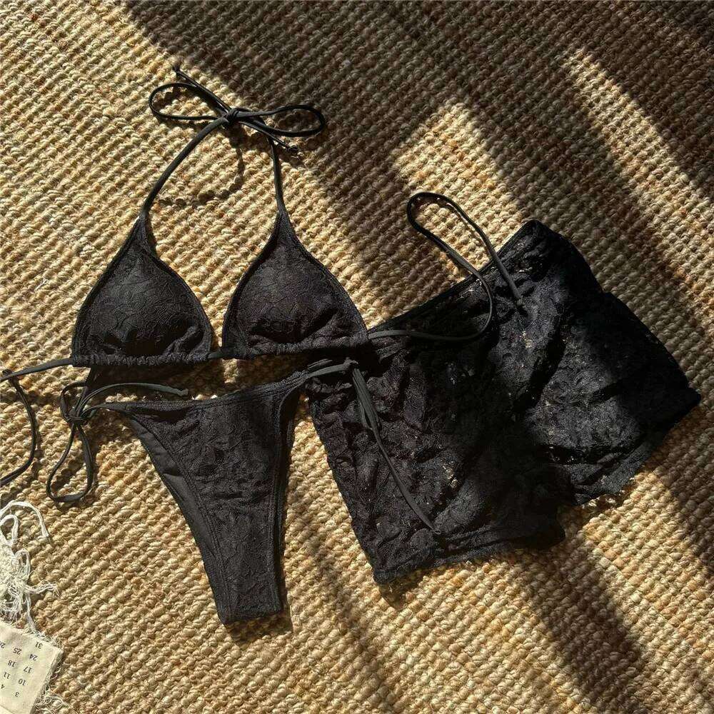 Solid White Lace Mesh Short Bikinis Sets 3 Piece Holiday Swimwear Sexy Swimsuit Women 2026 Beach Wear String Halter Bikini Donna Z260301